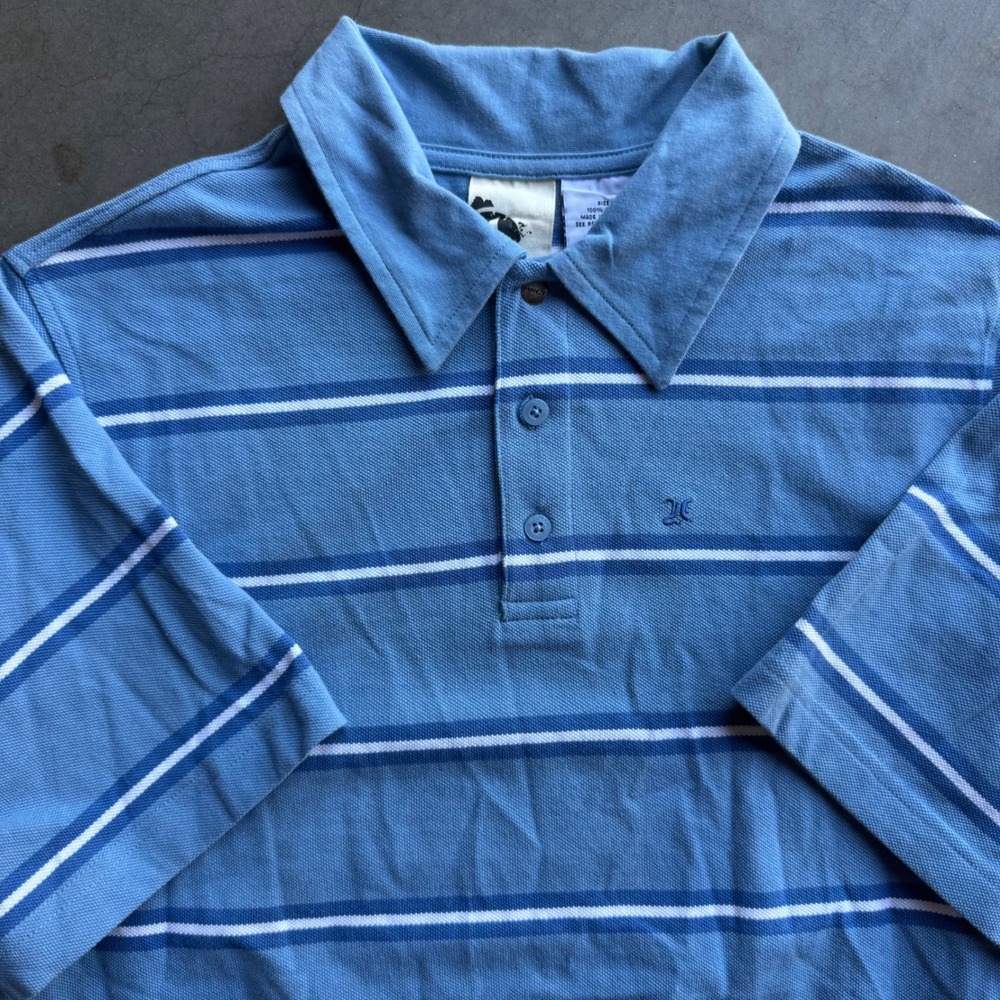 Hurley Mens Striped Polo Shirt Blue Short Sleeve Graphic Back Logo Size M